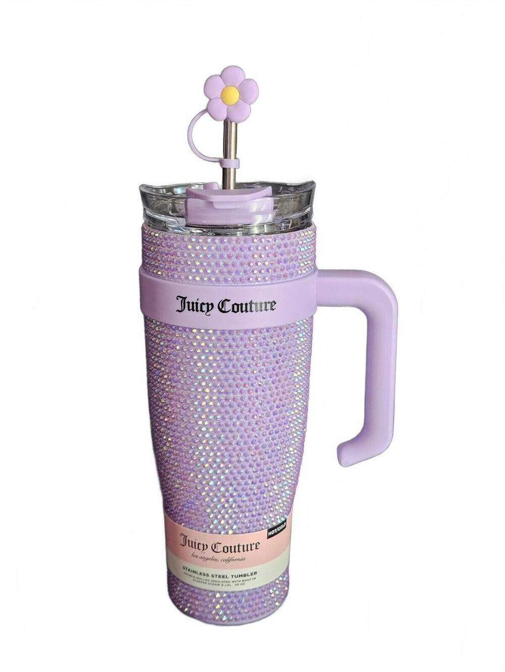 Juicy Couture Purple Rhinestone 40oz Tumbler Flower Straw Dual Lid NEW